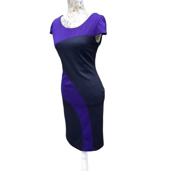Liz Claiborne Purple Black Color Block Cap Sleeve Business Casual Sheath Dress - Picture 3 of 11